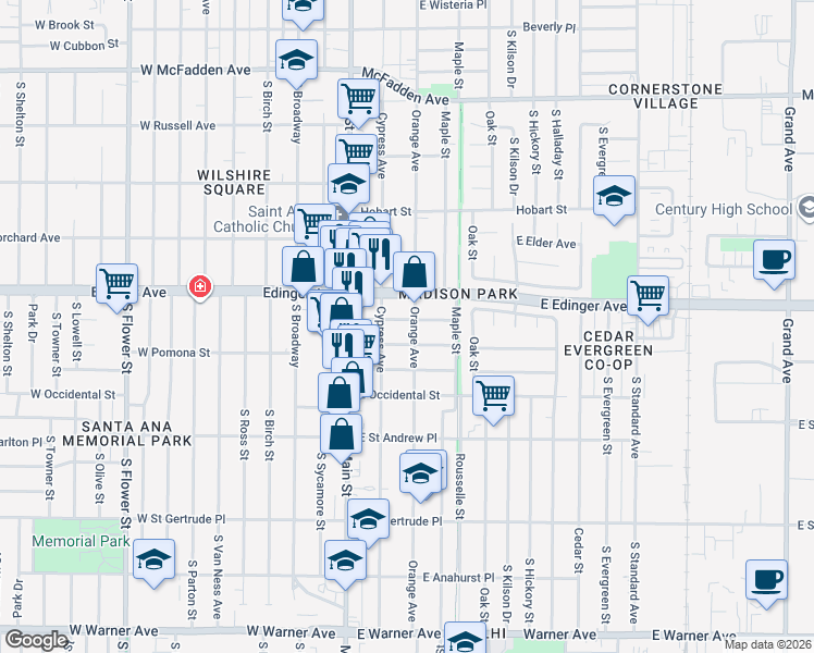 map of restaurants, bars, coffee shops, grocery stores, and more near 224 East Stanford Street in Santa Ana