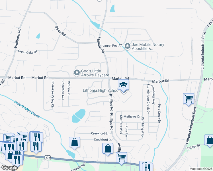map of restaurants, bars, coffee shops, grocery stores, and more near 2201 Phillips Road in Lithonia