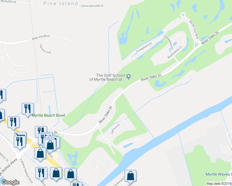 map of restaurants, bars, coffee shops, grocery stores, and more near 597 River Oaks Drive in Myrtle Beach