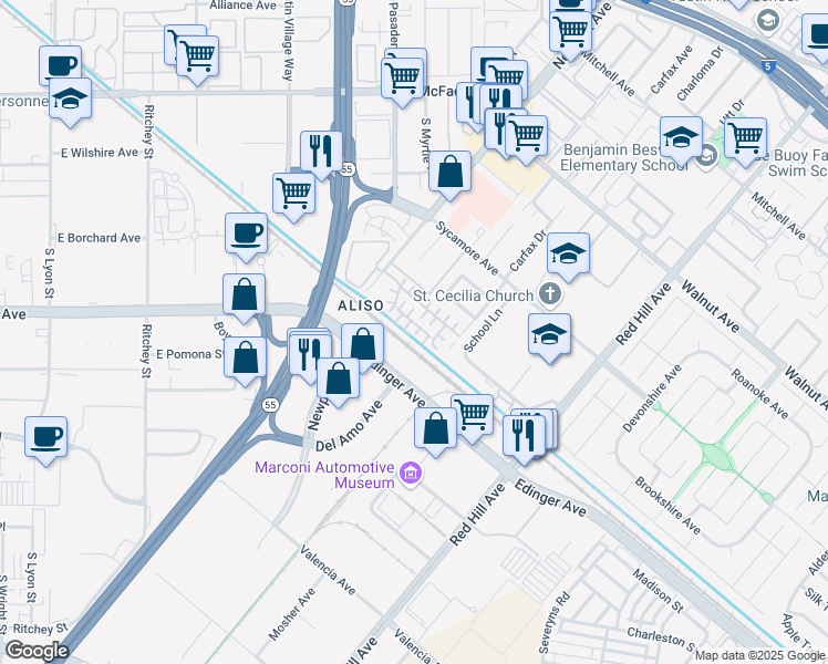 map of restaurants, bars, coffee shops, grocery stores, and more near 14931 Trovita Court in Tustin