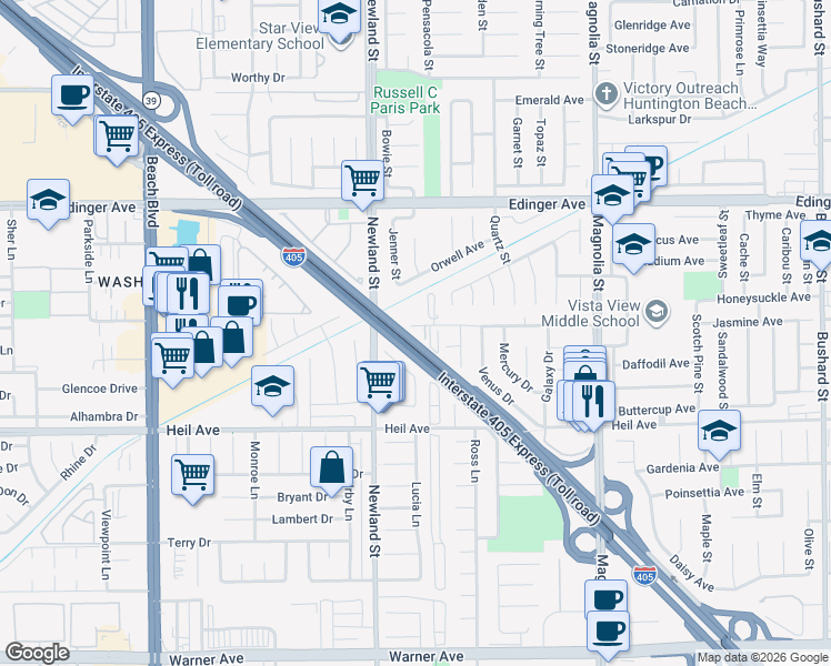 map of restaurants, bars, coffee shops, grocery stores, and more near 8562 Universe Avenue in Westminster