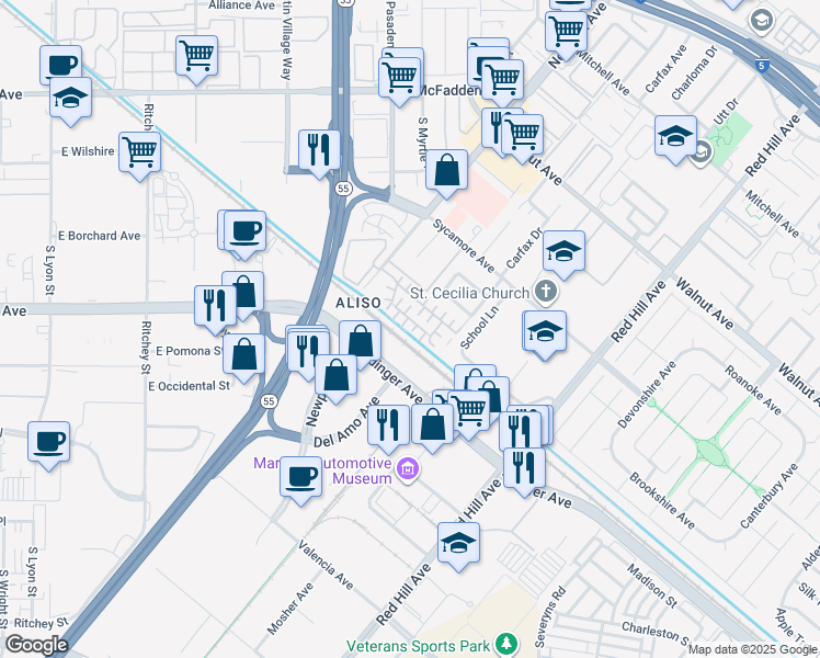 map of restaurants, bars, coffee shops, grocery stores, and more near 14931 Trovita Court in Tustin