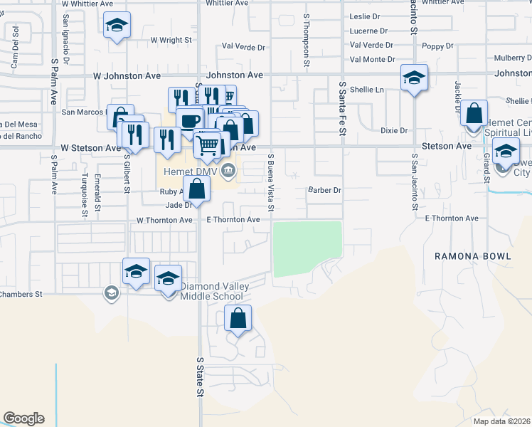 map of restaurants, bars, coffee shops, grocery stores, and more near 444 East Thornton Avenue in Hemet