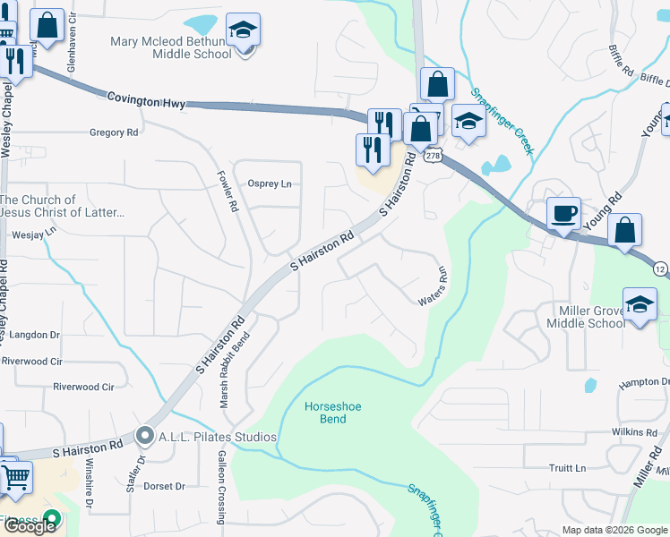 map of restaurants, bars, coffee shops, grocery stores, and more near 4632 Redbranch Drive in Decatur