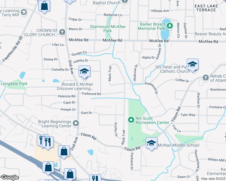 map of restaurants, bars, coffee shops, grocery stores, and more near 2128 Trailwood Road in Decatur