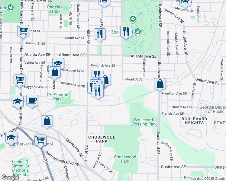 map of restaurants, bars, coffee shops, grocery stores, and more near 380 Grant Circle Southeast in Atlanta
