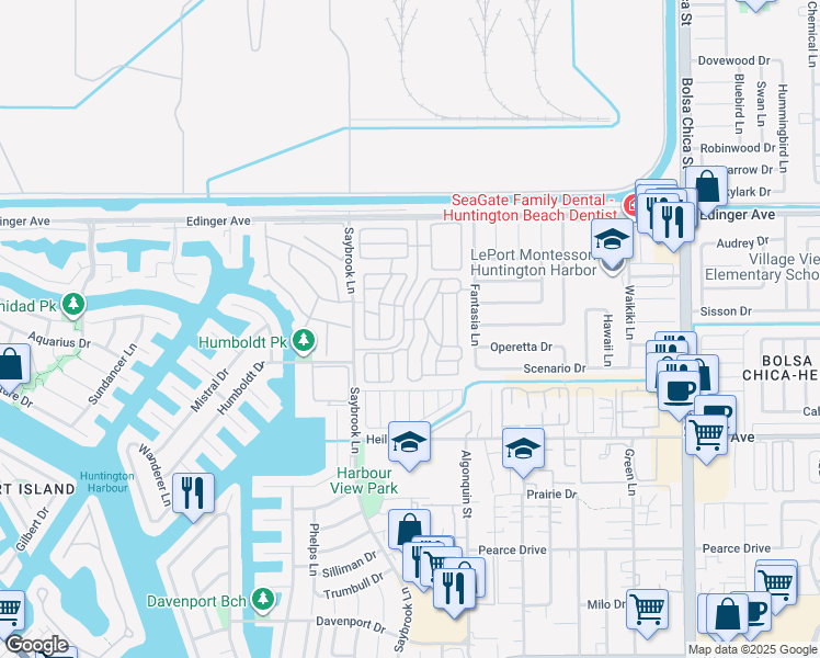 map of restaurants, bars, coffee shops, grocery stores, and more near 16223 Monterey Lane in Huntington Beach