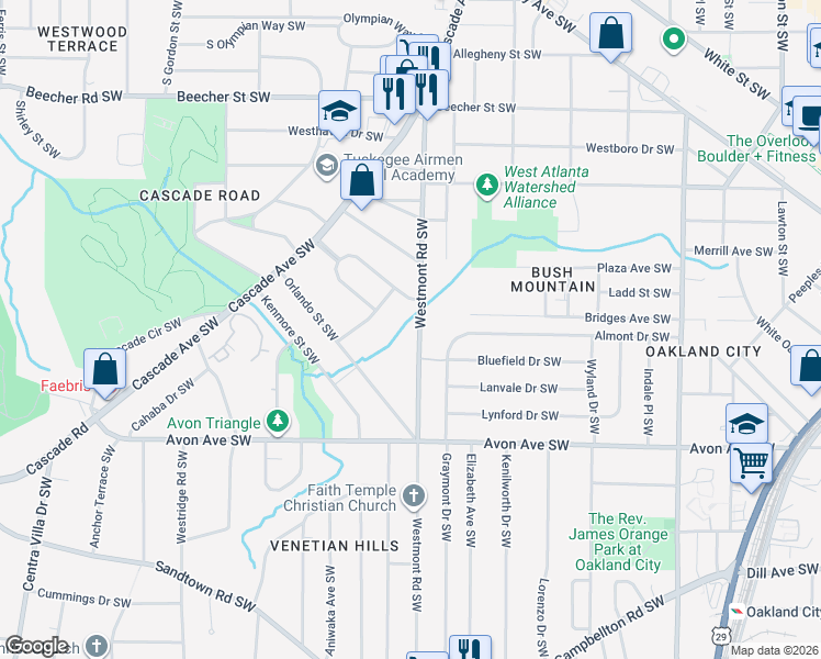 map of restaurants, bars, coffee shops, grocery stores, and more near 1065 Westmont Road Southwest in Atlanta