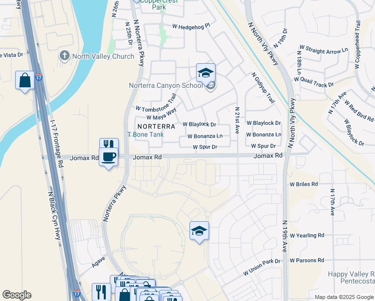 map of restaurants, bars, coffee shops, grocery stores, and more near 2307 West Spur Drive in Phoenix