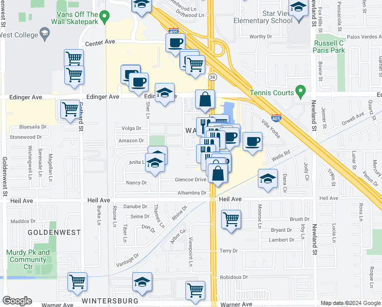 map of restaurants, bars, coffee shops, grocery stores, and more near 7882 Holt Drive in Huntington Beach