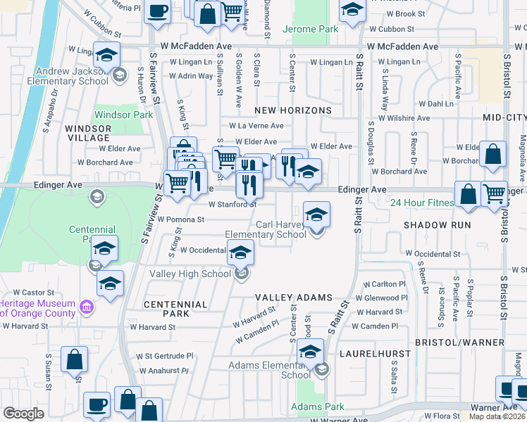 map of restaurants, bars, coffee shops, grocery stores, and more near 2306 W Stanford St in Santa Ana