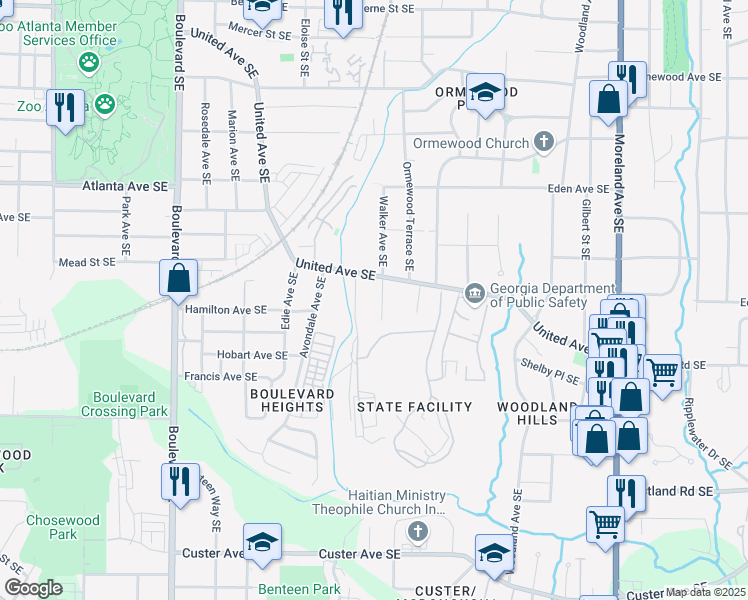 map of restaurants, bars, coffee shops, grocery stores, and more near 1035 Walker Avenue Southeast in Atlanta