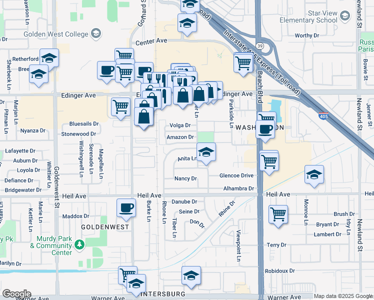 map of restaurants, bars, coffee shops, grocery stores, and more near 7642 Rhone Lane in Huntington Beach