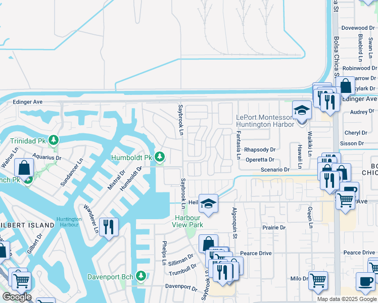 map of restaurants, bars, coffee shops, grocery stores, and more near in Huntington Beach