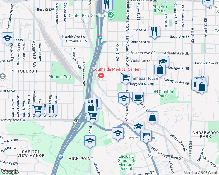 map of restaurants, bars, coffee shops, grocery stores, and more near 1048 Washington Street Southwest in Atlanta