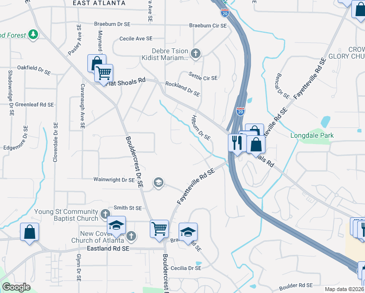 map of restaurants, bars, coffee shops, grocery stores, and more near 1115 Leah Lane Southeast in Atlanta
