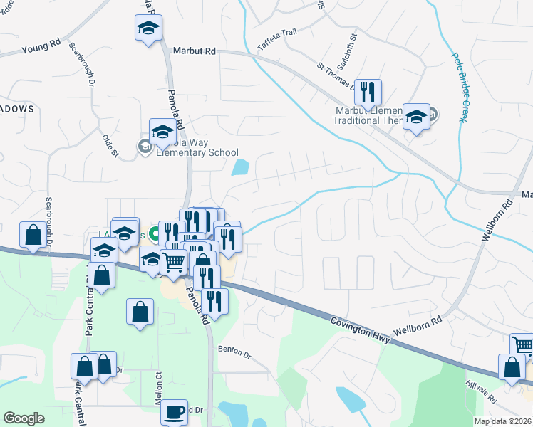 map of restaurants, bars, coffee shops, grocery stores, and more near 2450 Briar Knoll Rd in Lithonia