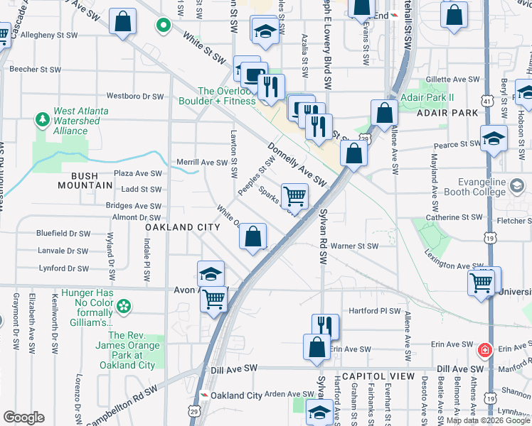 map of restaurants, bars, coffee shops, grocery stores, and more near 1033 Lawton Ave SW in Atlanta