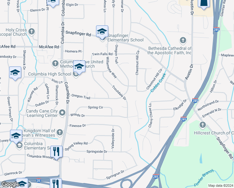map of restaurants, bars, coffee shops, grocery stores, and more near 2147 Troutdale Drive in Decatur