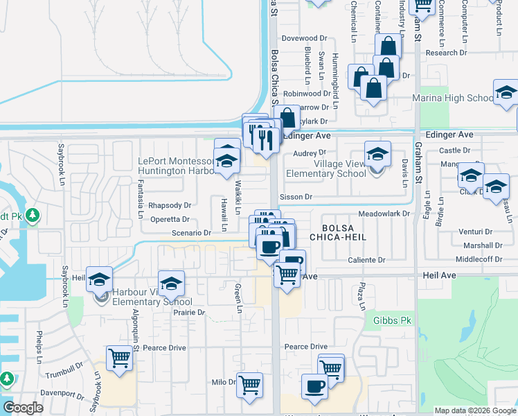 map of restaurants, bars, coffee shops, grocery stores, and more near 4922 Maui Circle in Huntington Beach