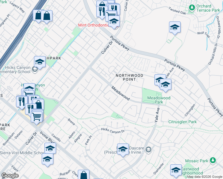 map of restaurants, bars, coffee shops, grocery stores, and more near 78 Dovecrest in Irvine