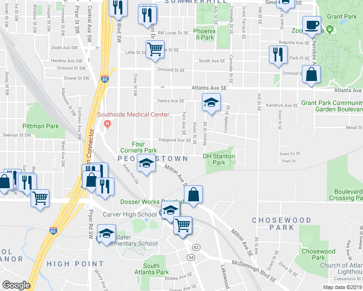 map of restaurants, bars, coffee shops, grocery stores, and more near 1039 Fern Avenue Southeast in Atlanta