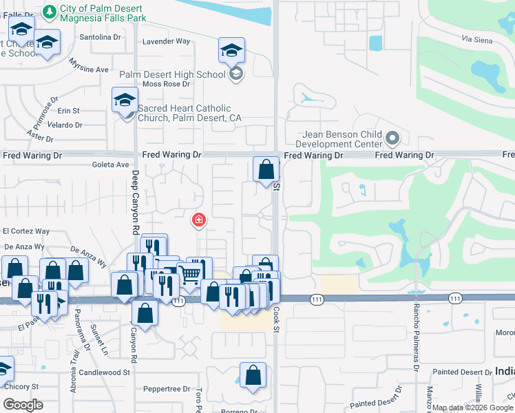 map of restaurants, bars, coffee shops, grocery stores, and more near 44145 Tahoe Circle in Indian Wells