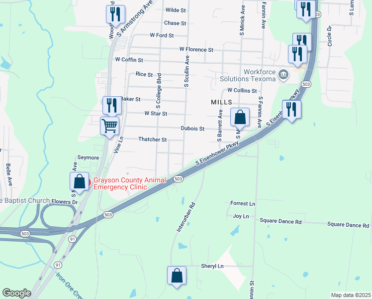 map of restaurants, bars, coffee shops, grocery stores, and more near 831 Amsden Street in Denison