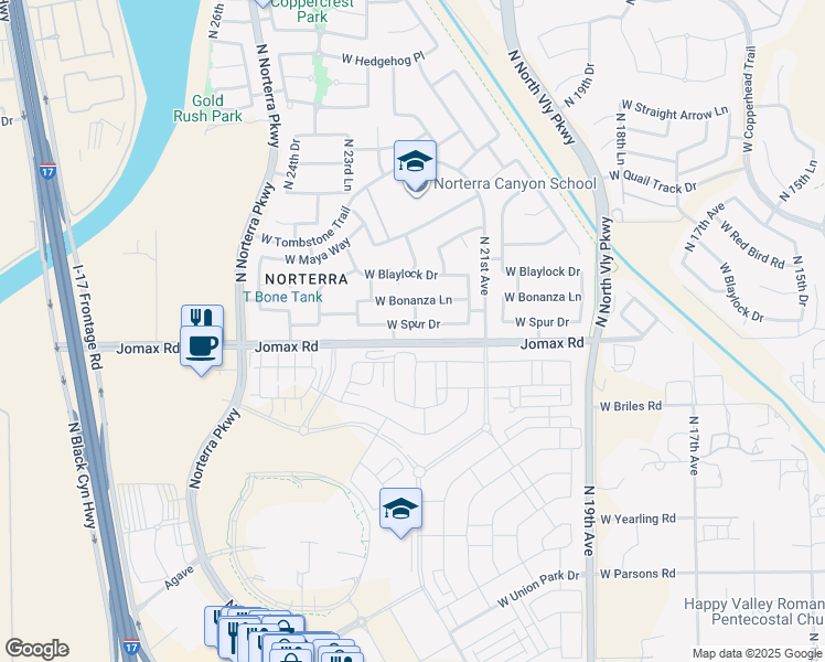 map of restaurants, bars, coffee shops, grocery stores, and more near 2231 West Spur Drive in Phoenix