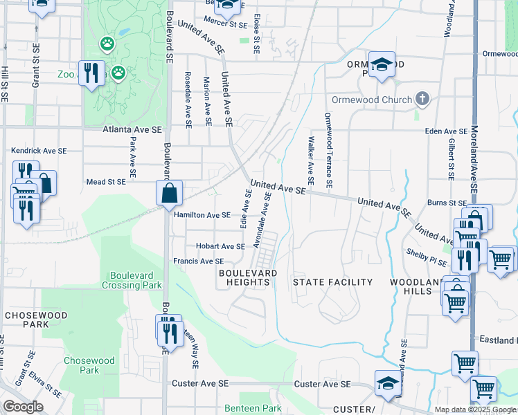 map of restaurants, bars, coffee shops, grocery stores, and more near 1039 Avondale Avenue Southeast in Atlanta