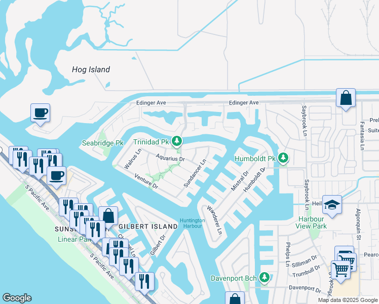 map of restaurants, bars, coffee shops, grocery stores, and more near 3651 Aquarius Drive in Huntington Beach