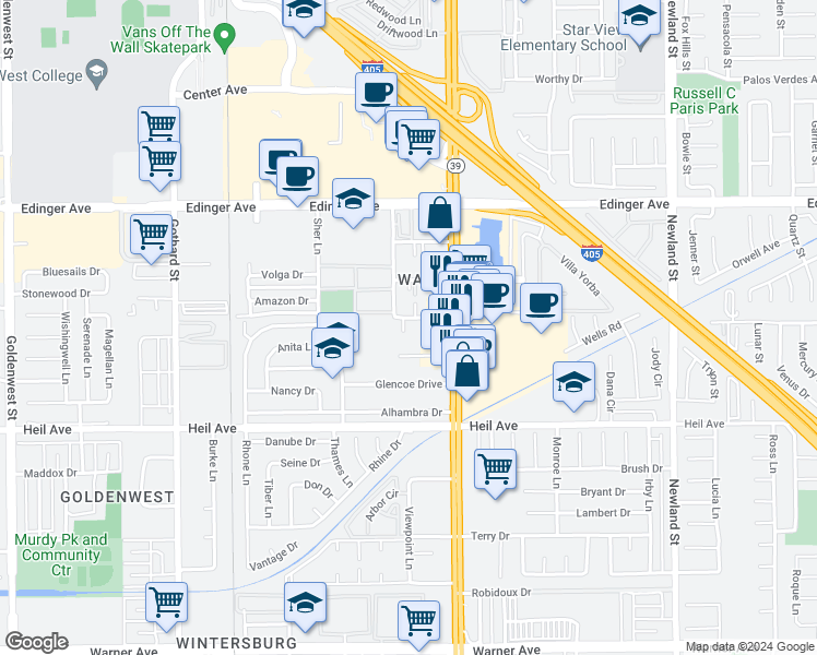 map of restaurants, bars, coffee shops, grocery stores, and more near 7882 Holt Drive in Huntington Beach