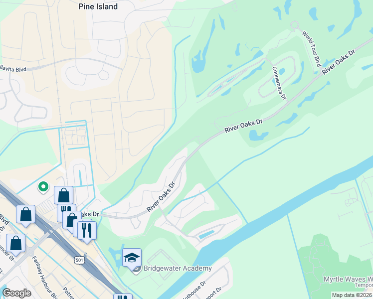 map of restaurants, bars, coffee shops, grocery stores, and more near 597 River Oaks Drive in Myrtle Beach