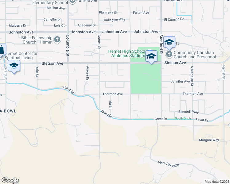 map of restaurants, bars, coffee shops, grocery stores, and more near 41376 Thornton Avenue in Hemet