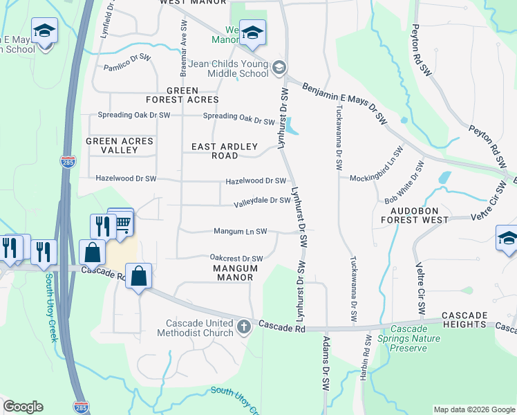 map of restaurants, bars, coffee shops, grocery stores, and more near 3136 Valleydale Drive Southwest in Atlanta