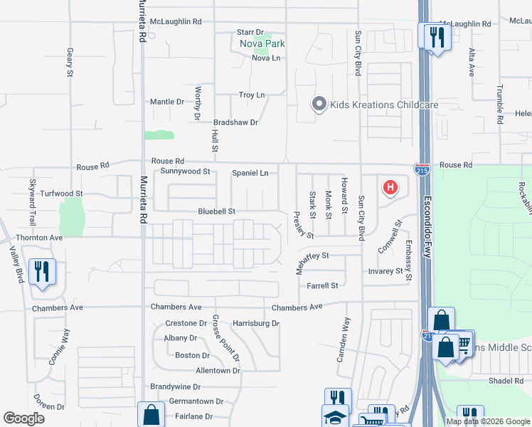 map of restaurants, bars, coffee shops, grocery stores, and more near 26435 Bluebell Street in Menifee