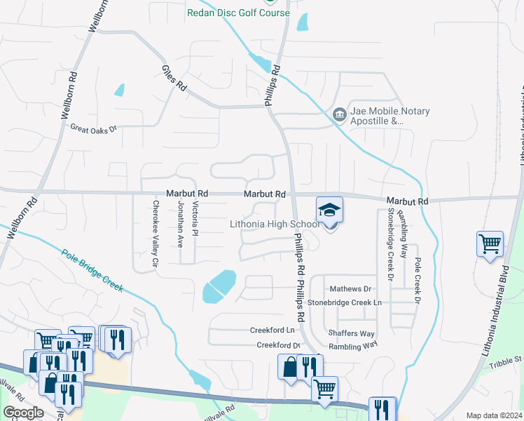 map of restaurants, bars, coffee shops, grocery stores, and more near 6258 Marbut Farms Terrace in Lithonia