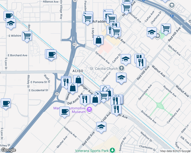 map of restaurants, bars, coffee shops, grocery stores, and more near 14871 Ponderosa Street in Tustin