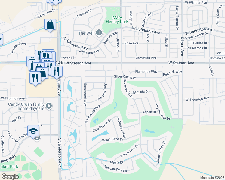 map of restaurants, bars, coffee shops, grocery stores, and more near 1272 Brentwood Way in Hemet