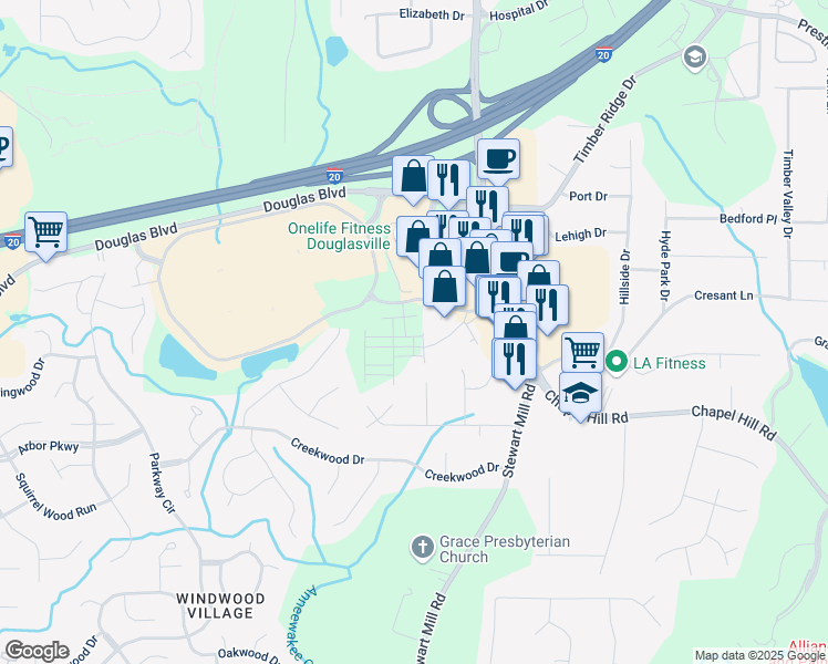 map of restaurants, bars, coffee shops, grocery stores, and more near 5108 Arista Drive in Douglasville