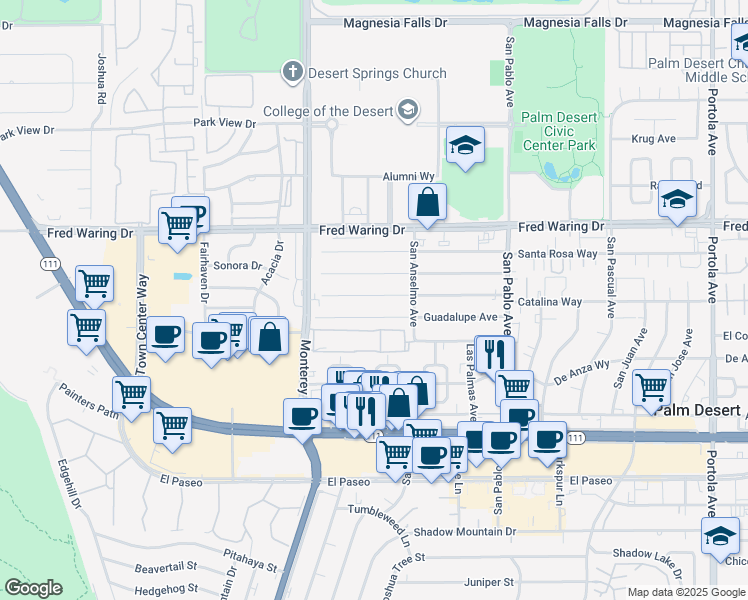 map of restaurants, bars, coffee shops, grocery stores, and more near 73153 Catalina Way in Palm Desert