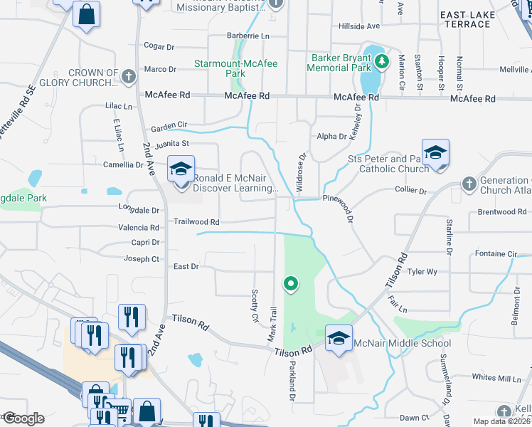 map of restaurants, bars, coffee shops, grocery stores, and more near 2183 Trailwood Road in Decatur