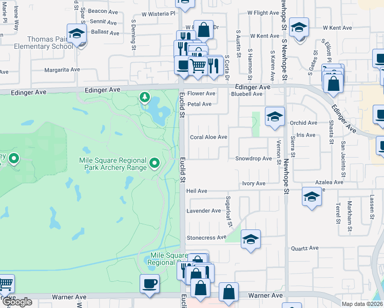map of restaurants, bars, coffee shops, grocery stores, and more near 16326 Mount Baden Powell Street in Fountain Valley
