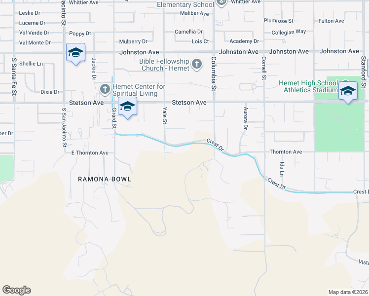 map of restaurants, bars, coffee shops, grocery stores, and more near 40867 Crest Drive in Hemet