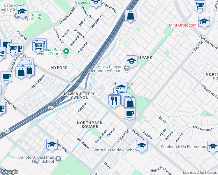 map of restaurants, bars, coffee shops, grocery stores, and more near 821 Monte Vista in Irvine