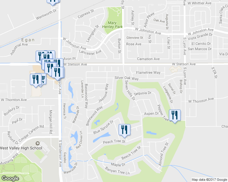 map of restaurants, bars, coffee shops, grocery stores, and more near 1272 Brentwood Way in Hemet
