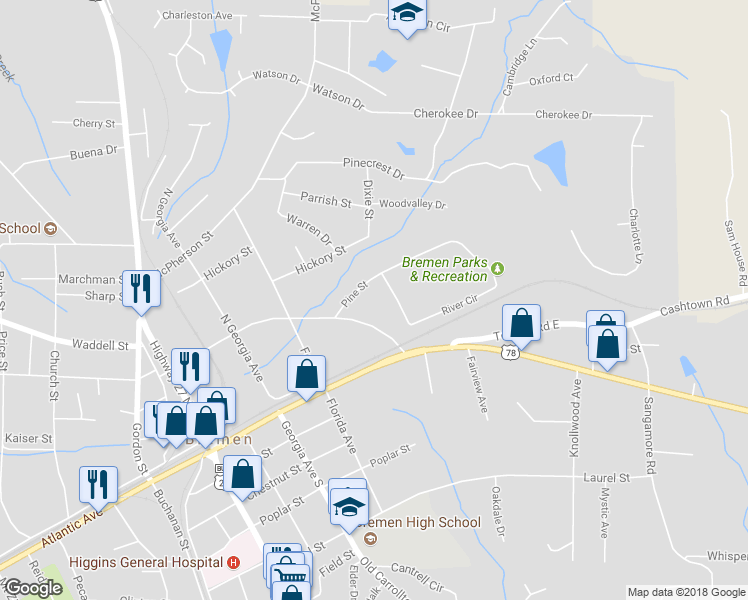map of restaurants, bars, coffee shops, grocery stores, and more near 61 Pine Street in Bremen