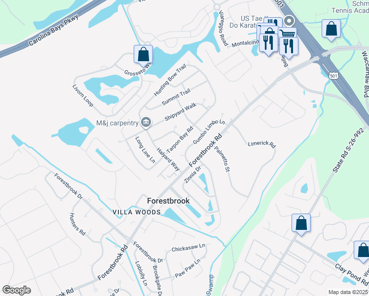 map of restaurants, bars, coffee shops, grocery stores, and more near 724 Tarpon Court in Myrtle Beach