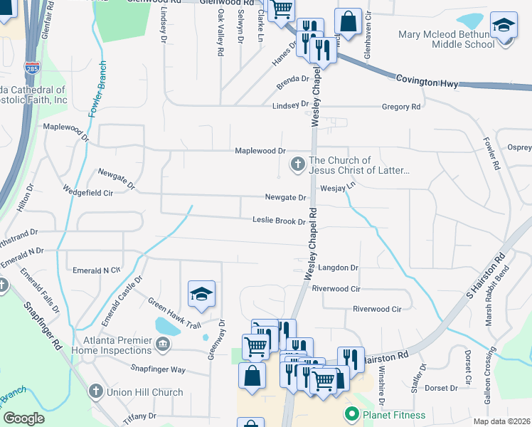 map of restaurants, bars, coffee shops, grocery stores, and more near 2319 Leslie Brook Drive in Decatur