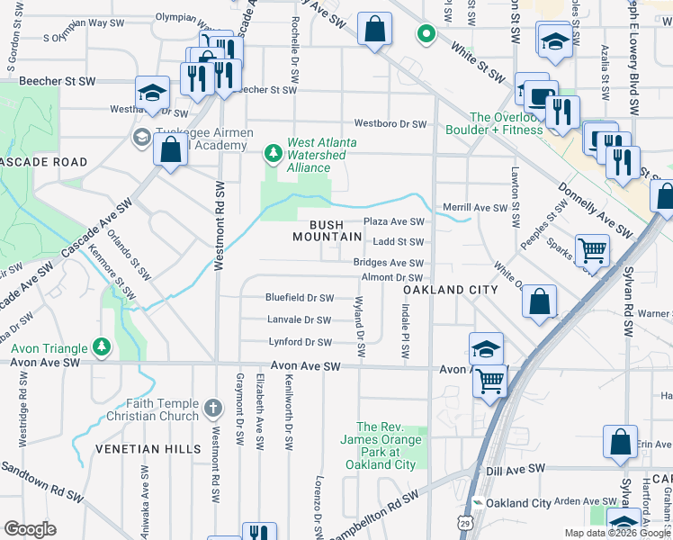 map of restaurants, bars, coffee shops, grocery stores, and more near 1345 Almont Drive Southwest in Atlanta